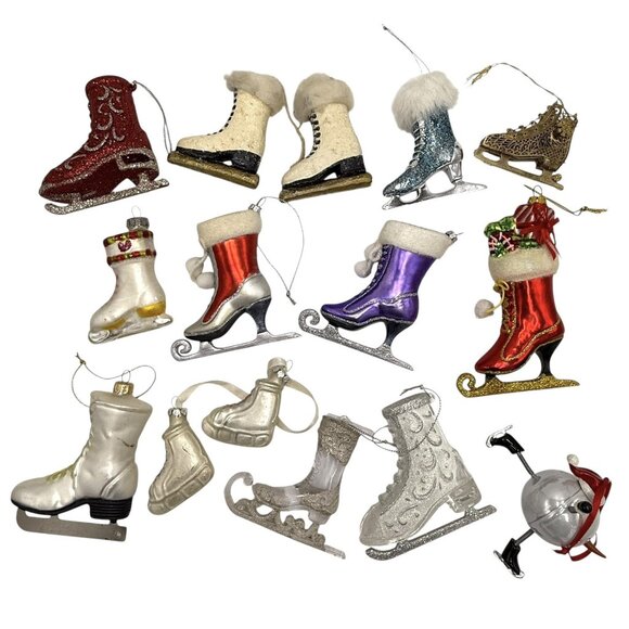 15 Vintage Ice Skates Skating Skater Ornaments Mixed Lot Blown Glass Plastic - Picture 1 of 15